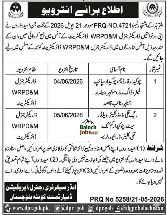 Irrigation Department Balochistan Jobs Interview Schedule 2026 Advertisement