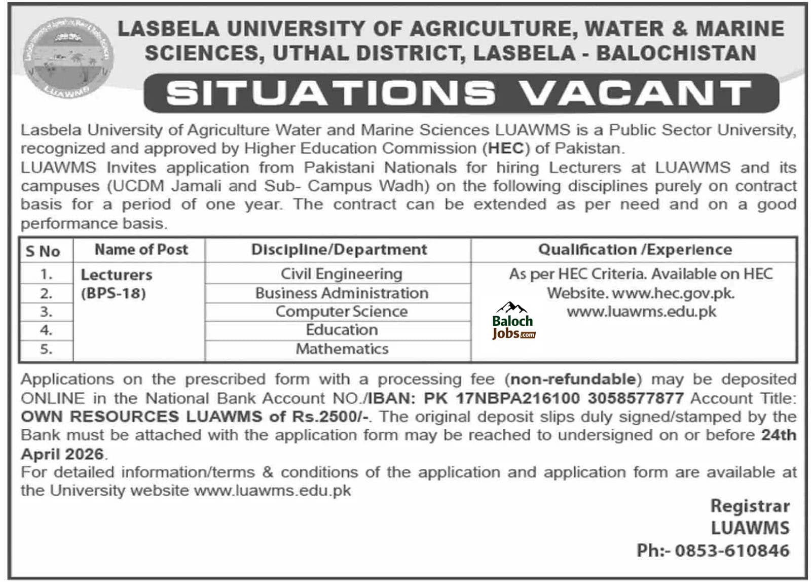 LUAWMS Lasbela University Jobs April 2026 1 LUAWMS Lasbela University Jobs April 2026 Official Advertisement