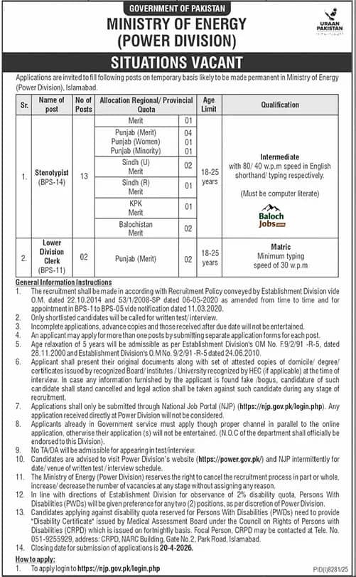Ministry of Energy Power Division Jobs April 2026 Official Advertisement