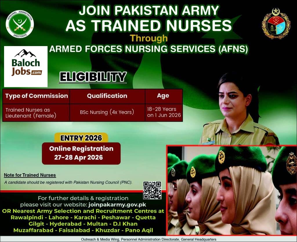 Pakistan Army AFNS Jobs 2026 for Female Nurses Advertisement 