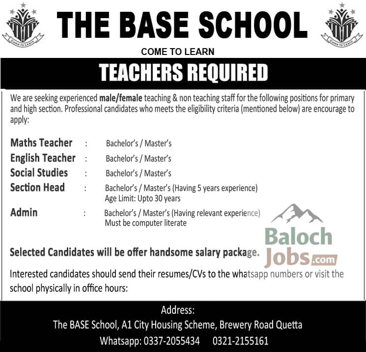 The BASE School Jobs in Quetta 2026