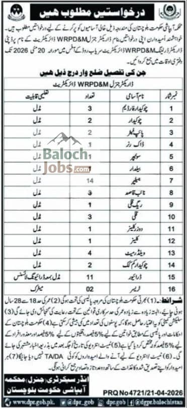 WRPD Balochistan Jobs 2026 Irrigation Department Vacancies Advertisement