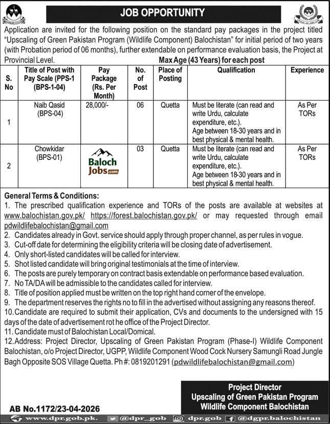Wildlife Department Balochistan Jobs 2026 Advertisement
