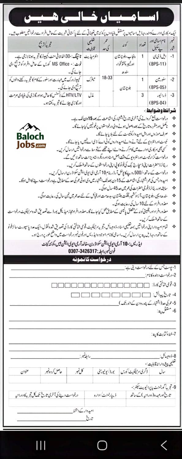 10 Army Aviation Squardron Quetta Cantt Jobs 2026 Advertisement