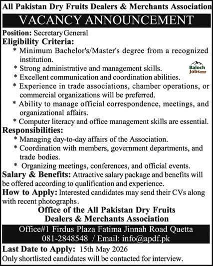 All Pakistan Dry Fruits Dealers Association Jobs 2026 in Quetta Advertisement