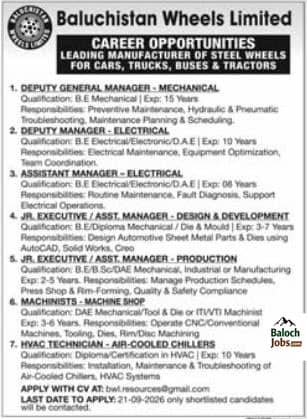 Balochistan Wheels Limited Hub Chowki Jobs 2026 Advertisement