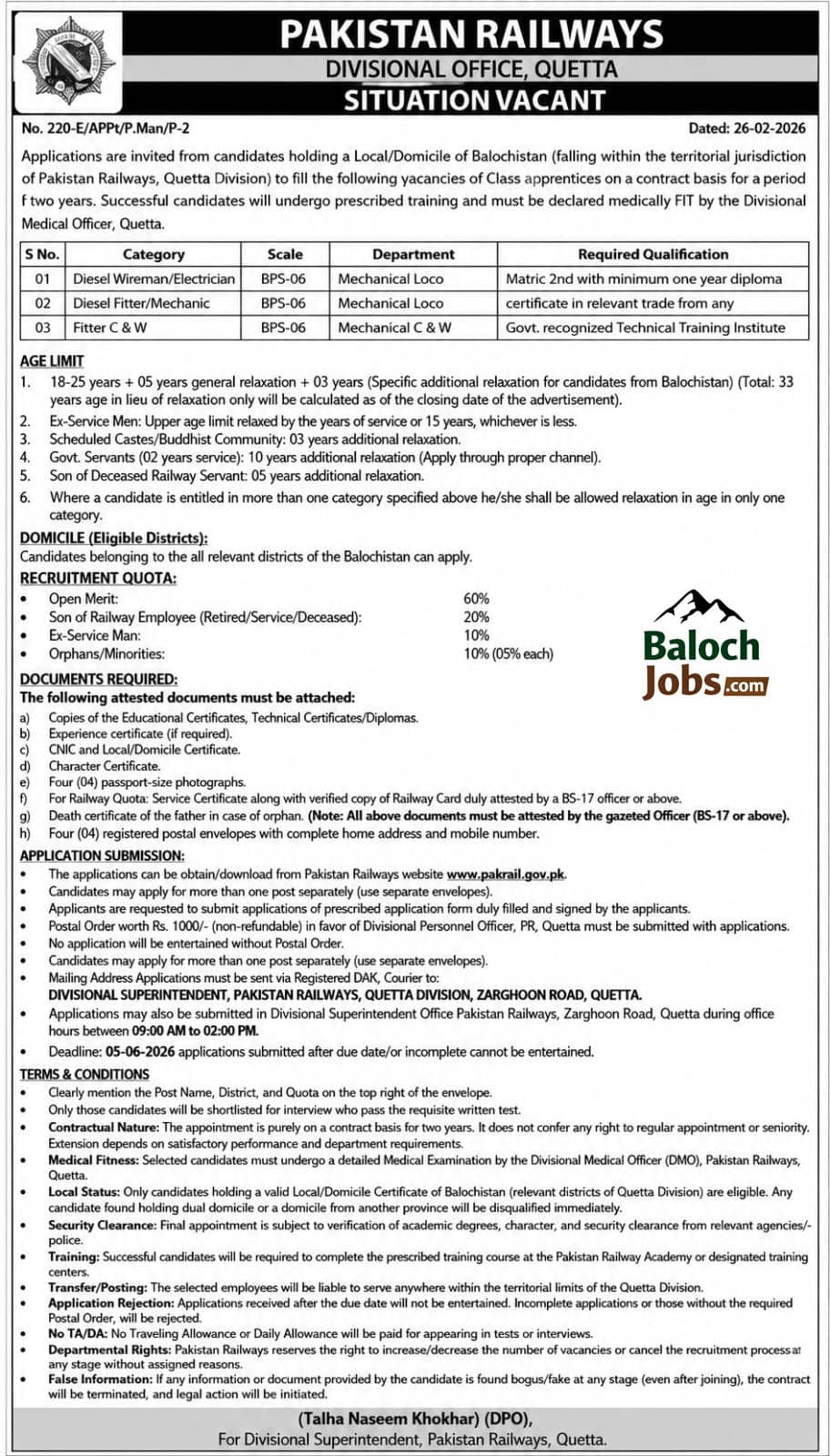 Class Apprentices Jobs in Pakistan Railways Quetta 2026 Advertisement