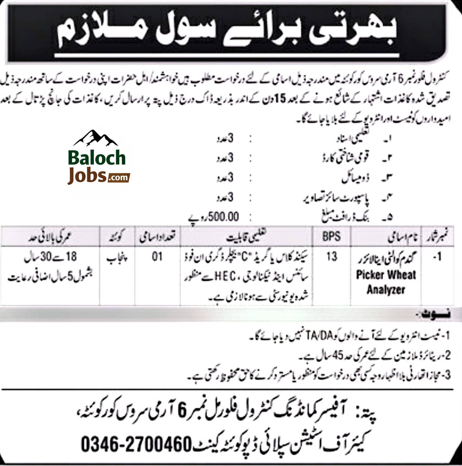 Control Floor Mill 6 Army Service Corps Quetta Jobs 2026 Advertisement