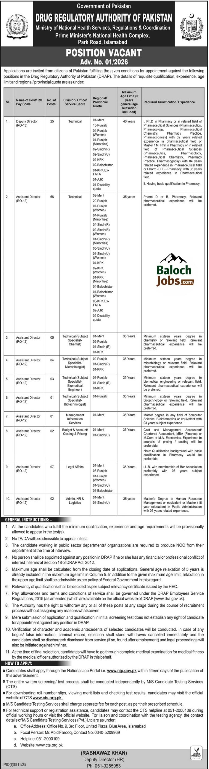 DRAP Jobs 2026 Drug Regulatory Authority of Pakistan Advertisement