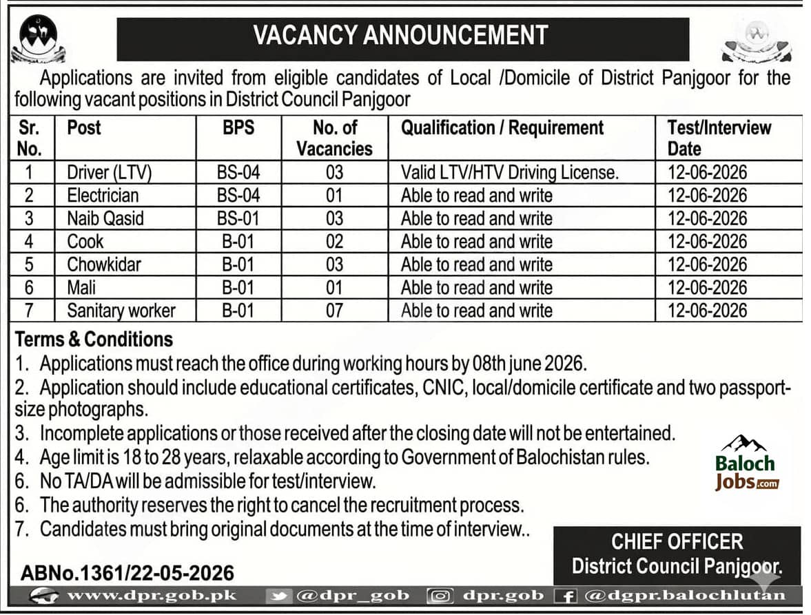 District Council Panjgoor Jobs 2026 Advertisement