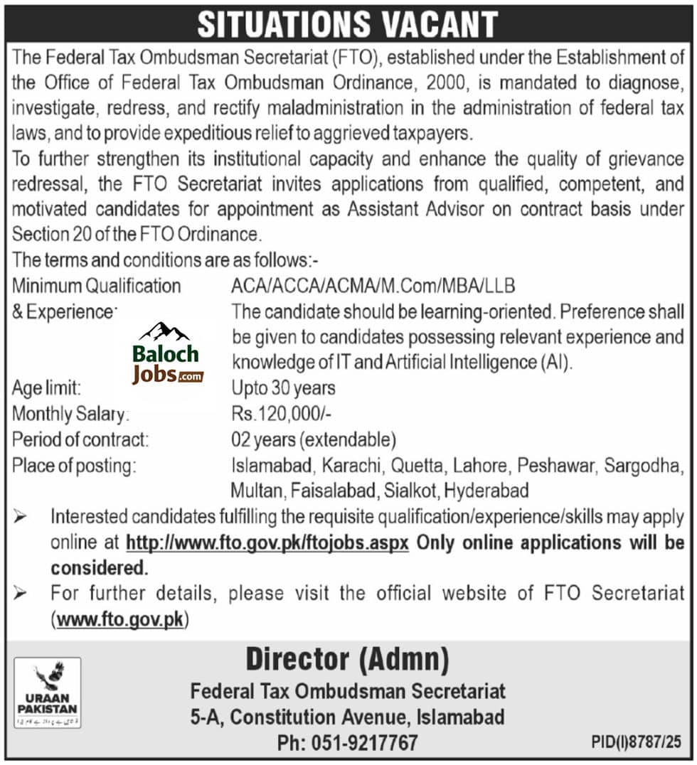 Federal Tax Ombudsman FTO Jobs 2026 Advertisement