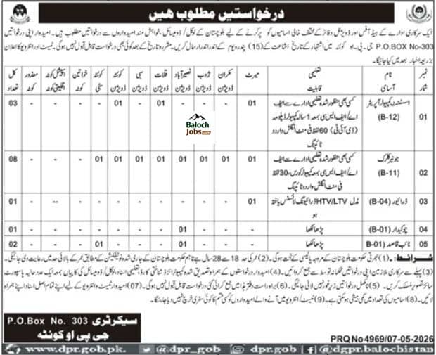 Govt Organization PO Box No 303 GPO Quetta Jobs 2026 Advertisement
