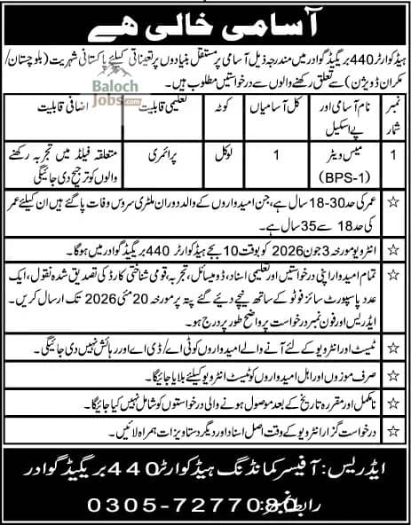 Headquarter 440 Brigade Gwadar Jobs 2026 Advertisement