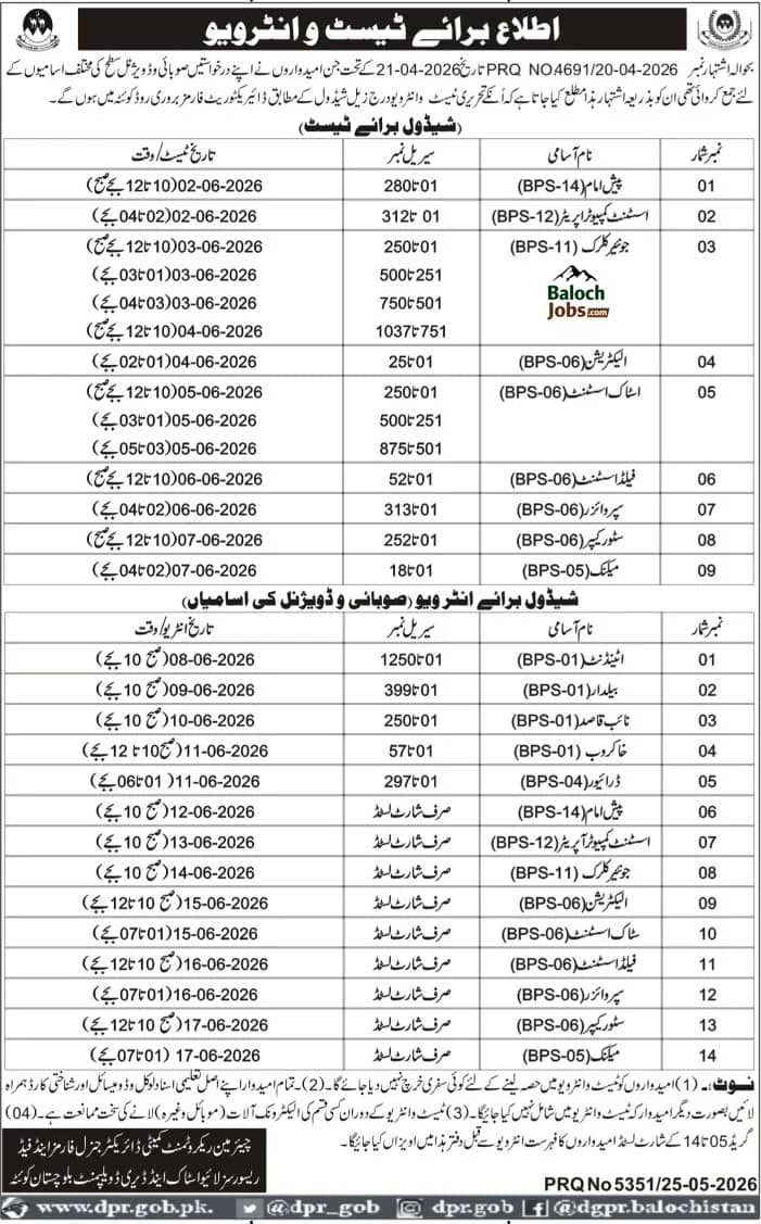 Livestock Department Balochistan Test Interview Schedule 2026 Advertisement