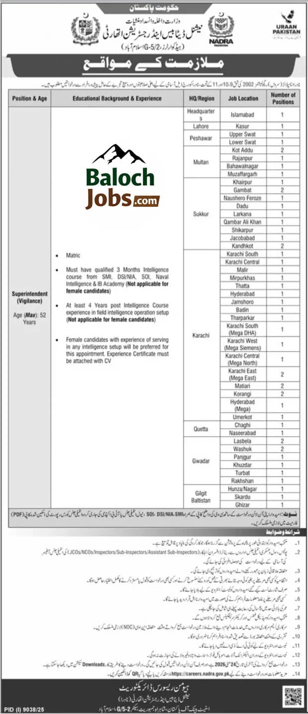 NADRA Superintendent Vigilance Jobs 2026 in Pakistan Advertisement