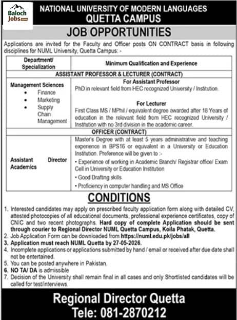 NUML Quetta Campus Jobs 2026 Advertisement