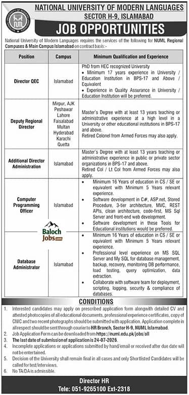 NUML Quetta Campus Jobs 2026 Official Advertisement
