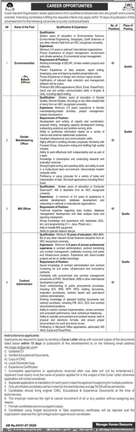 National Organization NGO Jobs in Quetta 2026 Advertisement