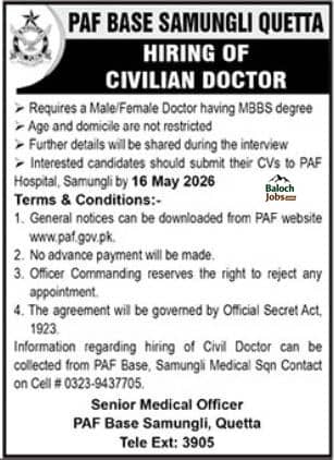 PAF BASE Hospital Samungli Quetta Jobs 2026 Advertisement