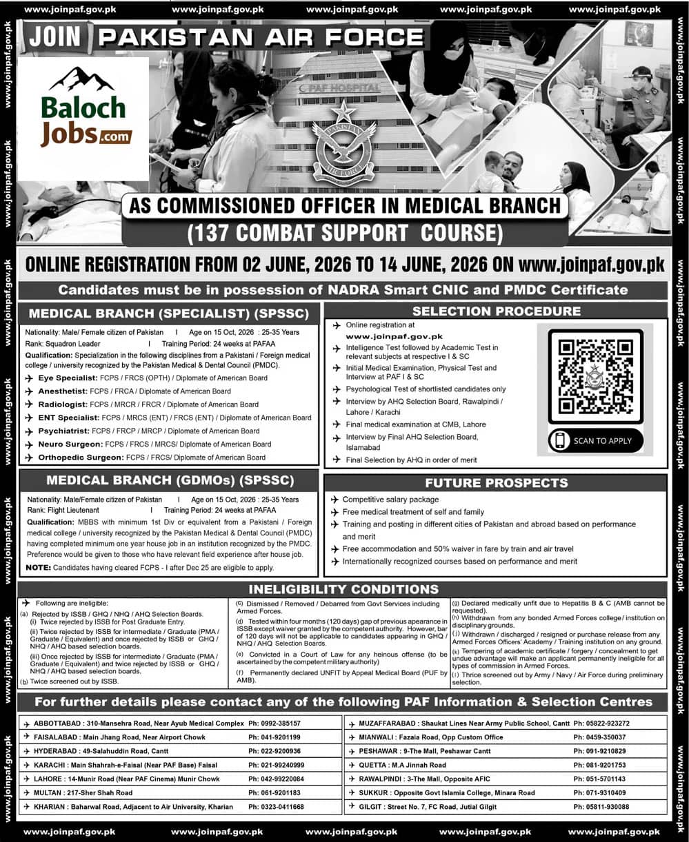 PAF Medical Branch Jobs 2026 Advertisement