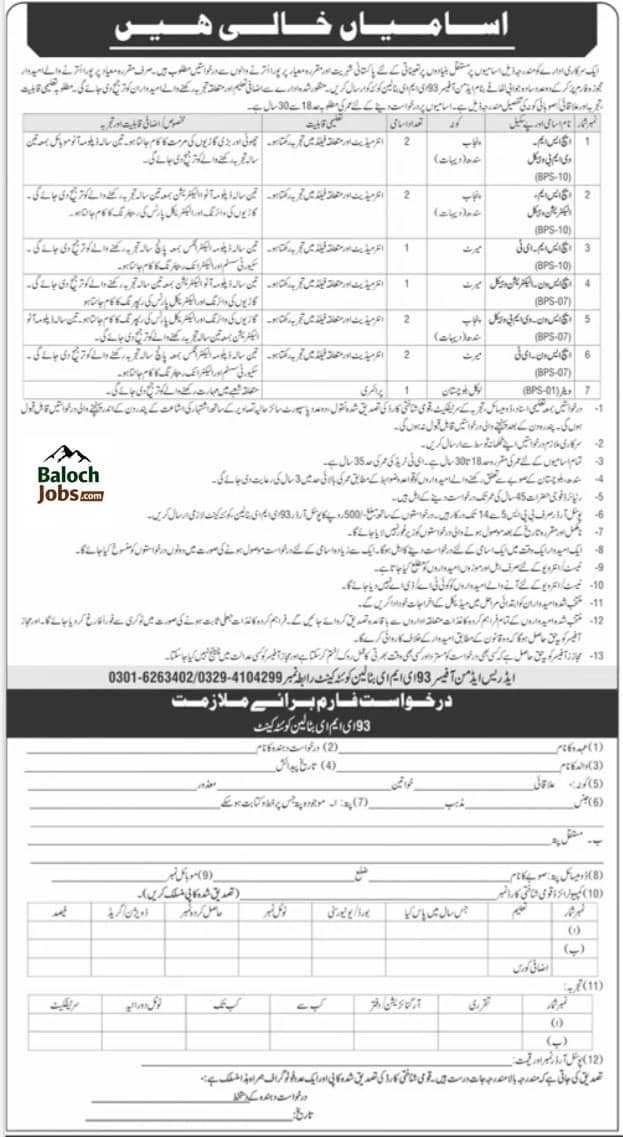 Pak Army 93 EME Battalion Quetta Jobs 2026 for Civilians Advertisement