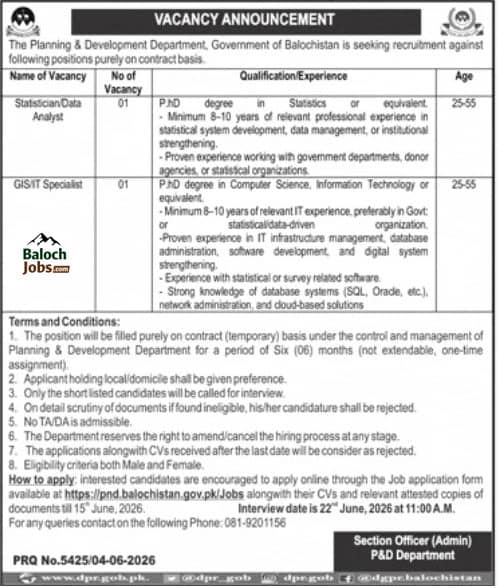 Planning and Development Department Balochistan Jobs 2026 Official Advertisement