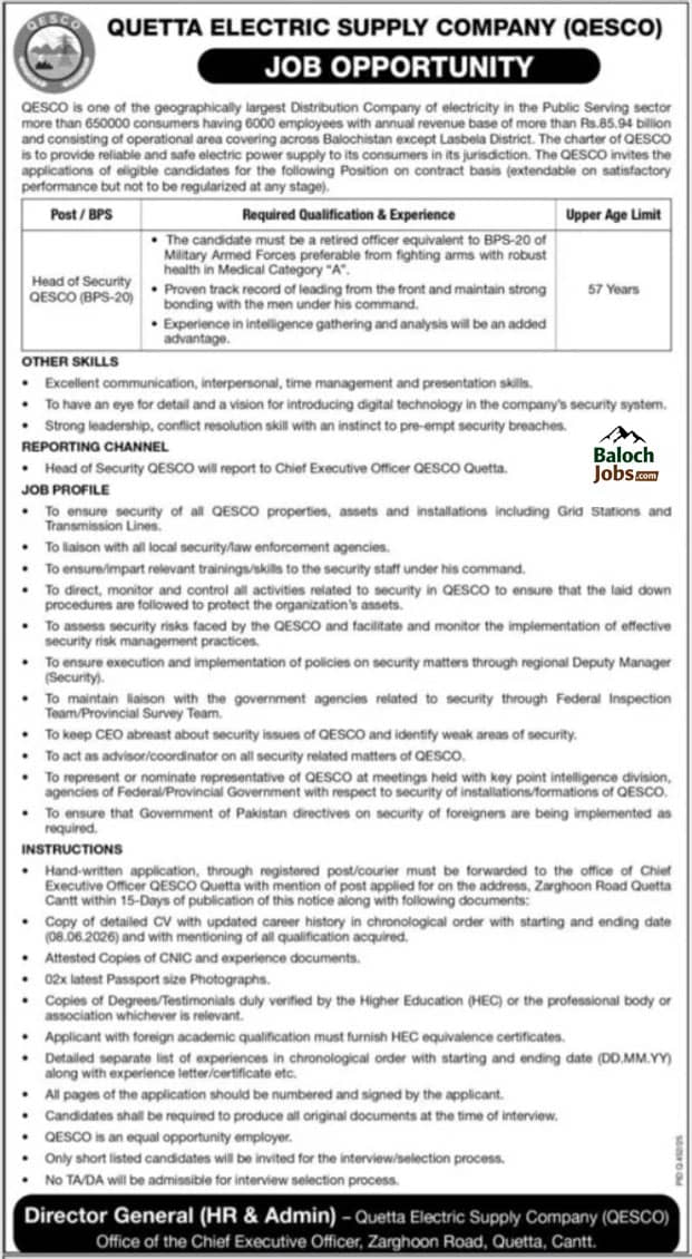 QESCO Jobs for Head of Security in Quetta 2026 Advertisement