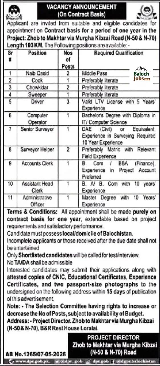 Zhob to Makhtar Road Project Jobs in Balochistan 2026 Advertisement