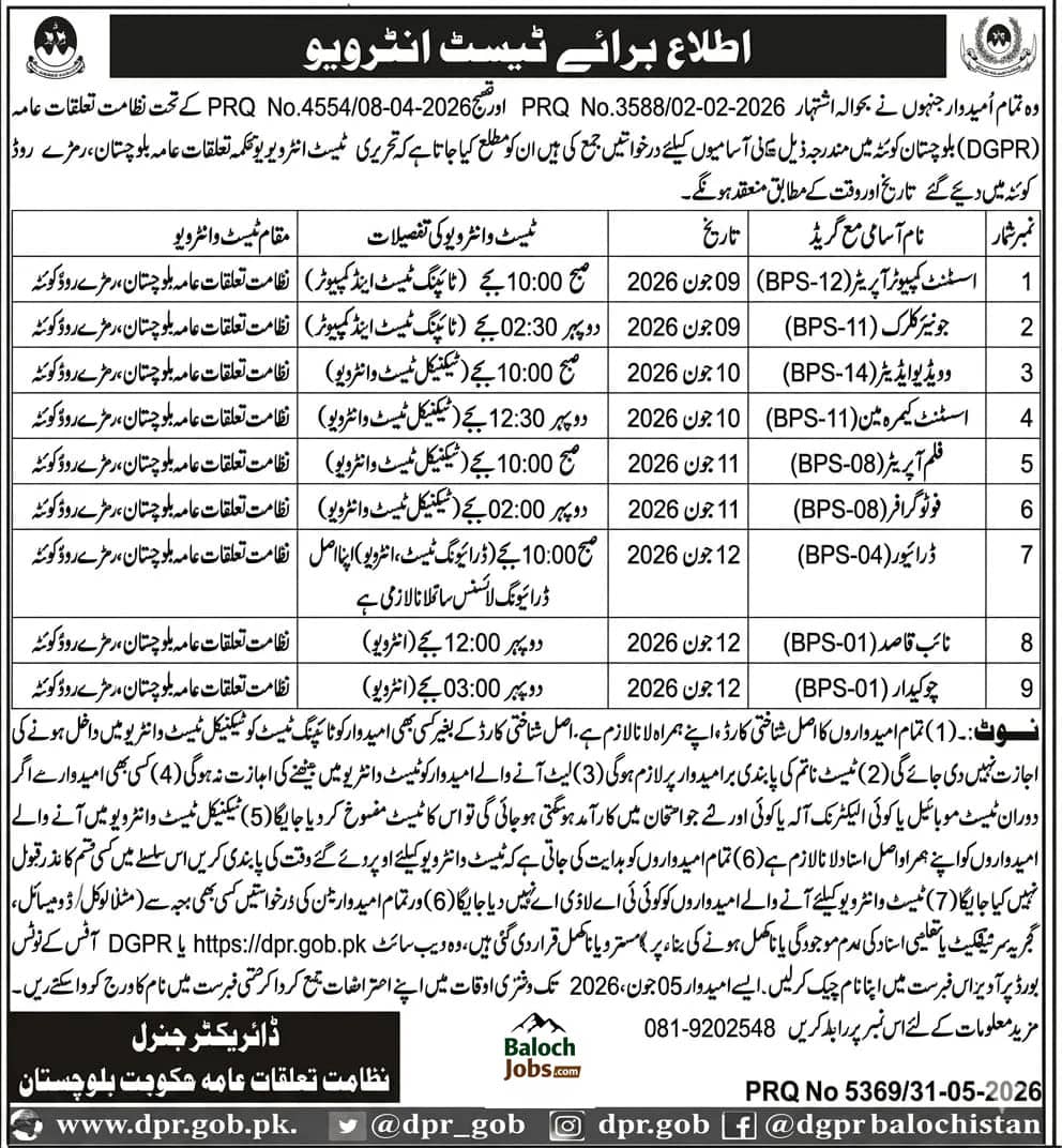 DGPR Balochistan Test Interview Schedule 2026 Advertisement