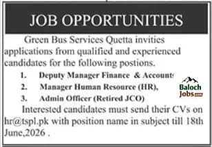 Green Bus Services Quetta Jobs 2026 Advertisement