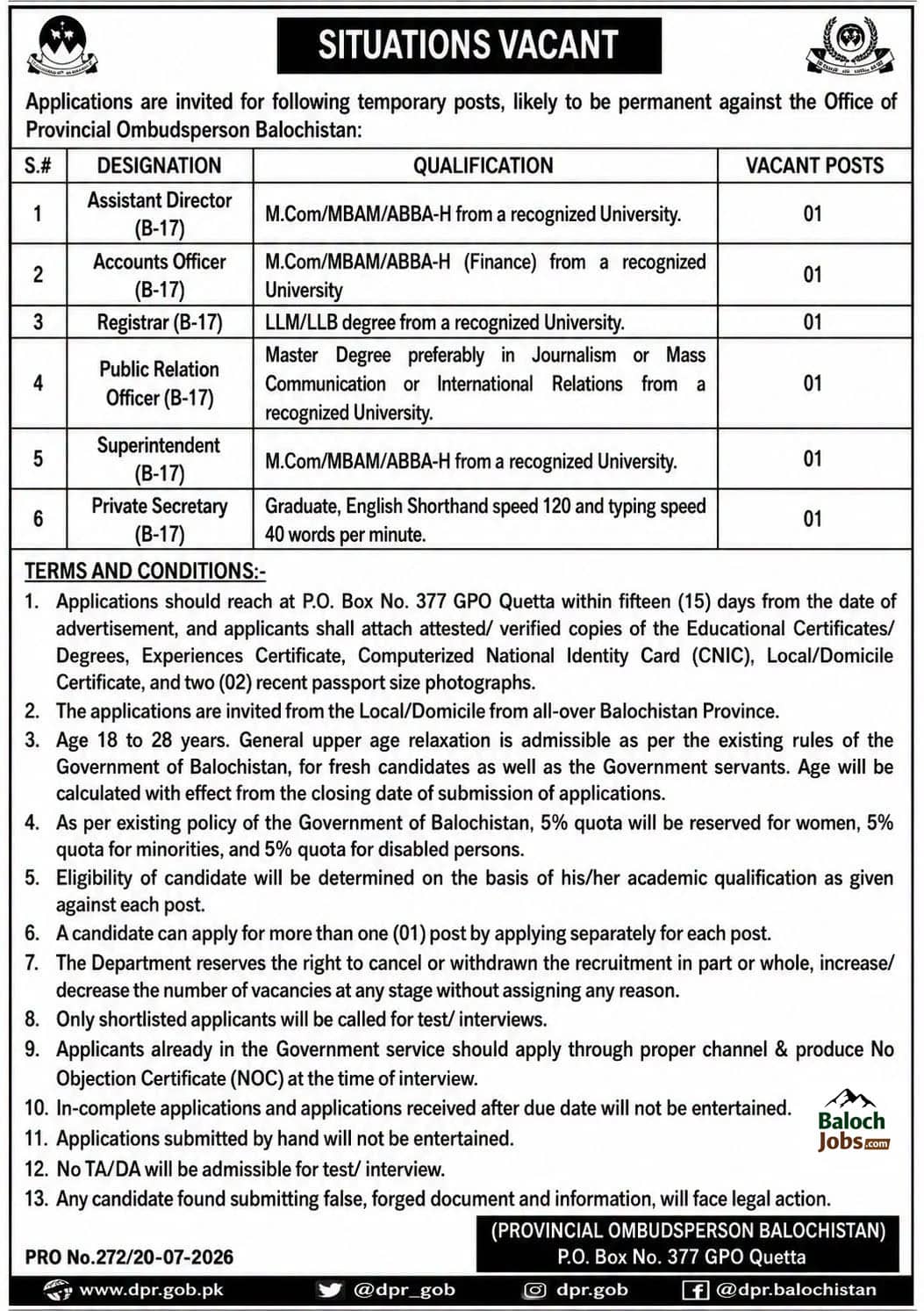 Provincial Ombudsman Secretariat Balochistan Jobs 2026 Official Advertisement