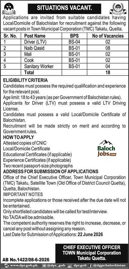 Town Municipal Corporation Takatu Quetta Jobs 2026 Advertisement