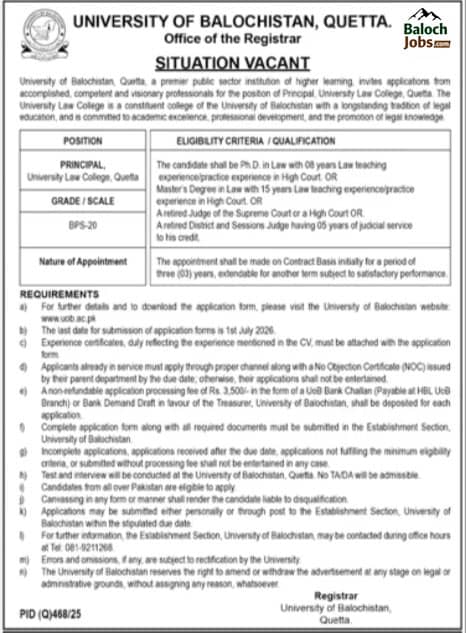 University Of Balochistan Quetta Jobs 2026 Advertisement