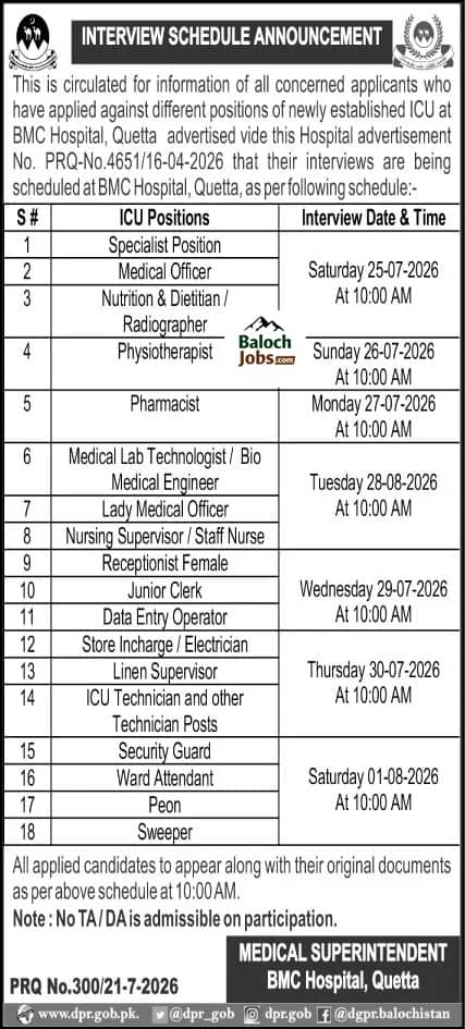 BMC Quetta Jobs Test Interview Schedule 2026 Official Advertisement