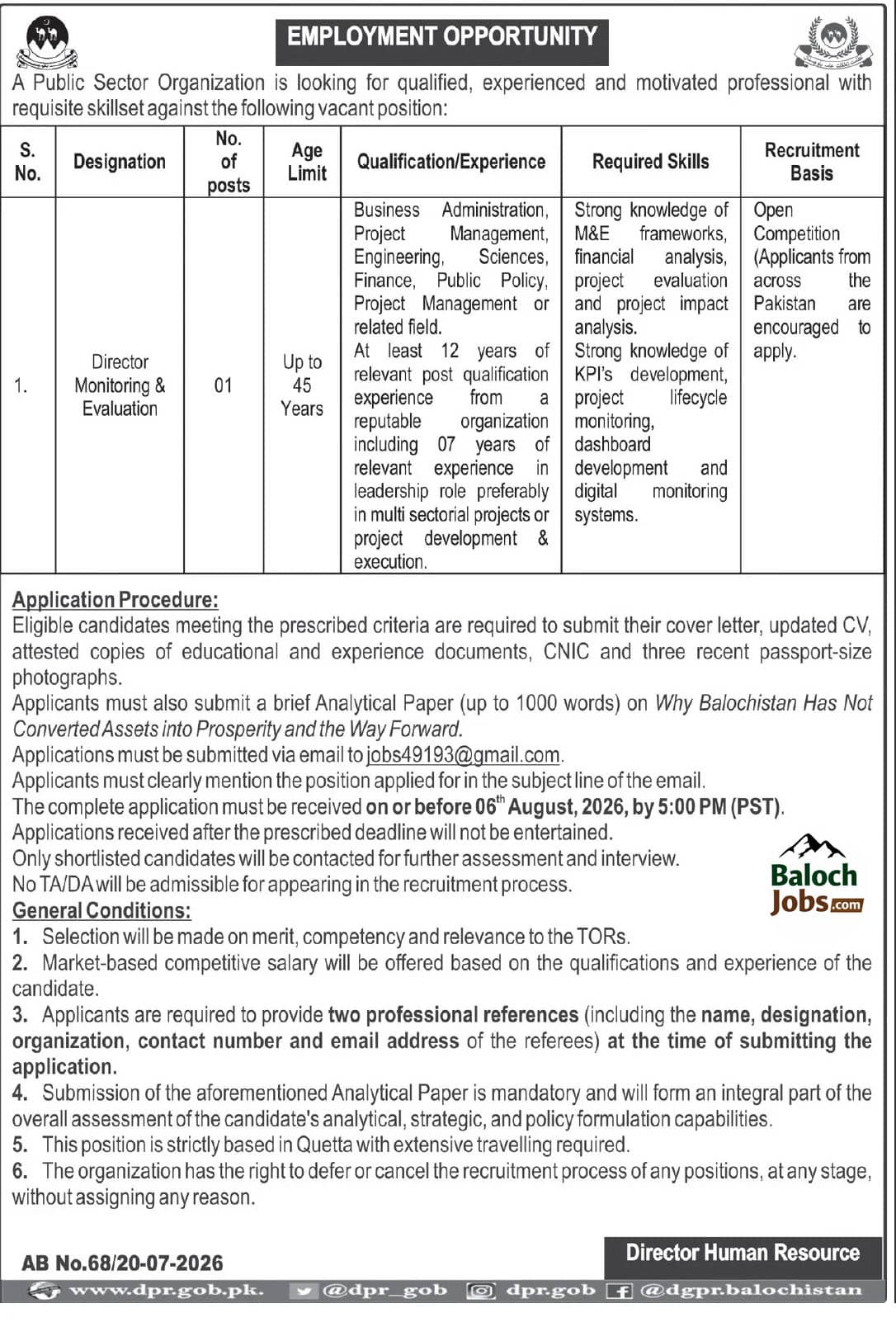 Director Jobs in Balochistan 2026 Official Advertisement