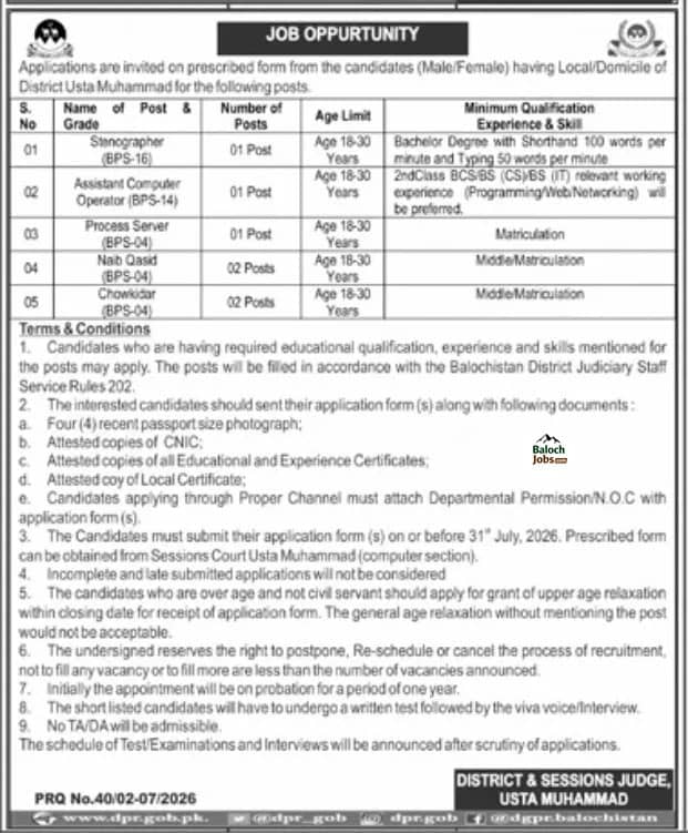 District And Session Judge Usta Muhammad Jobs 2026 Advertisement