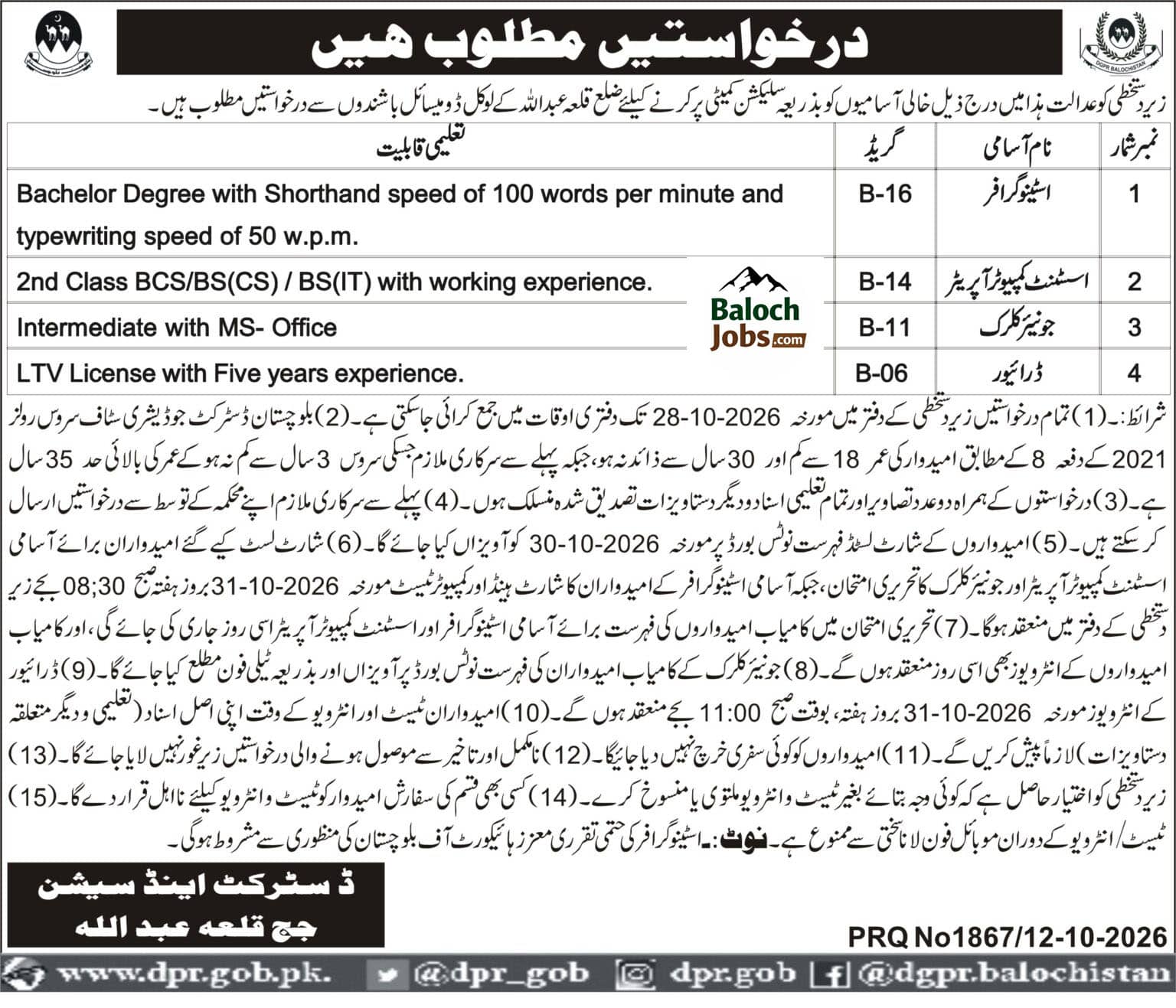 District and Session Judge Killa Abdullah Jobs 2026 Advertisement