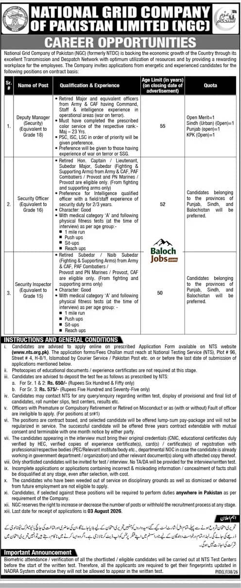 National Grid Company of Pakistan NGC Jobs 2026 Official Advertisement