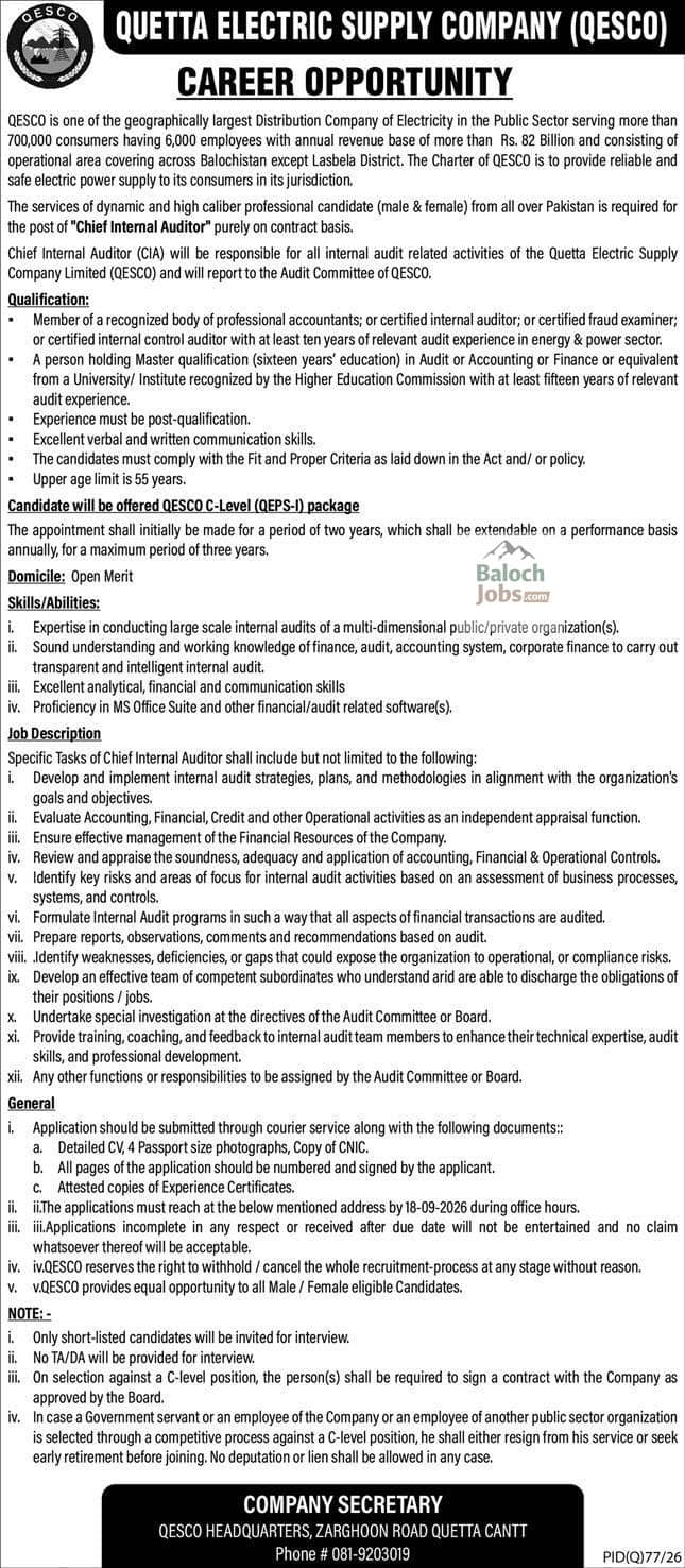 Quetta Electric Supply Company QESCO Jobs 2026 Advertisement
