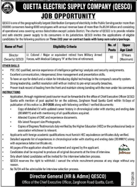 Quetta Electric Supply Company QESCO Jobs 2026 Official Advertisement
