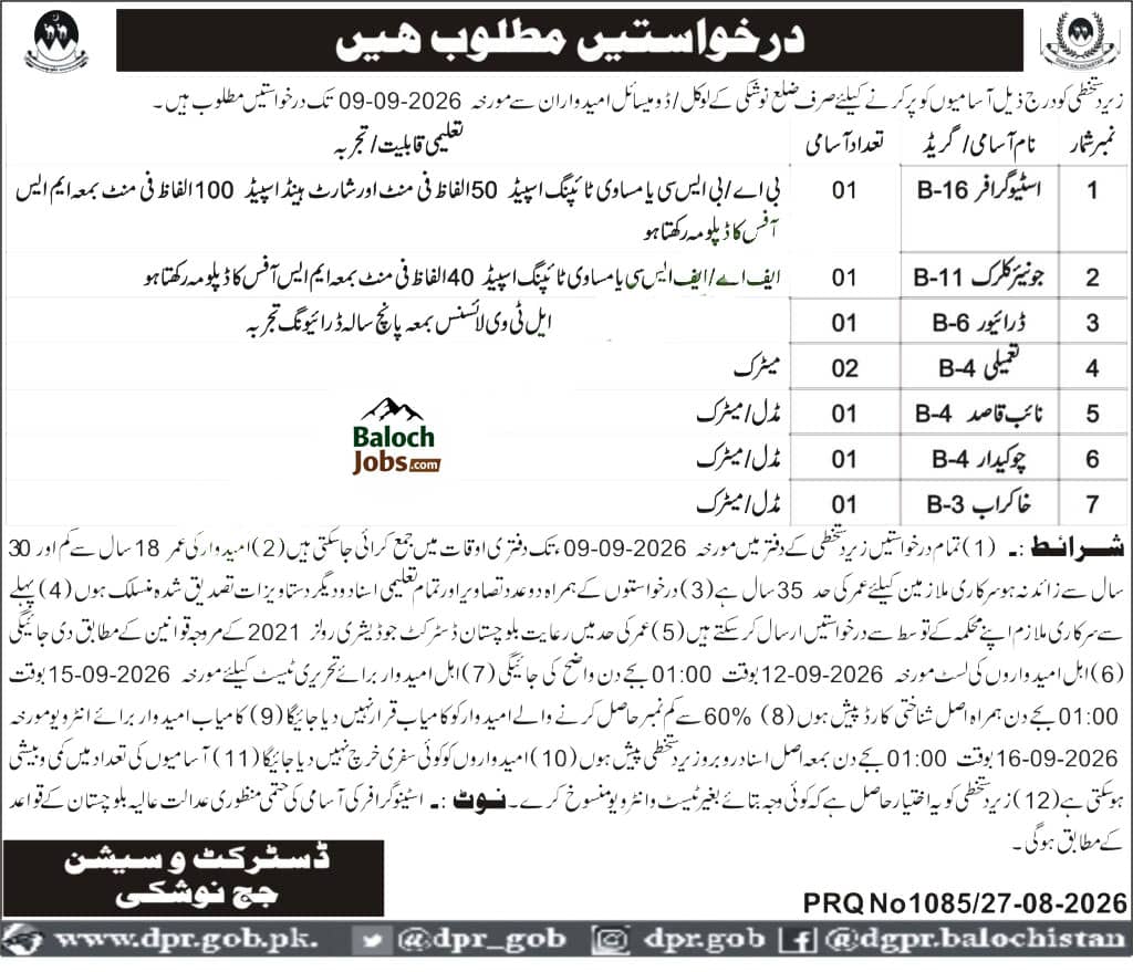 District And Session Judge Noshki Jobs 2026 Official Advertisement