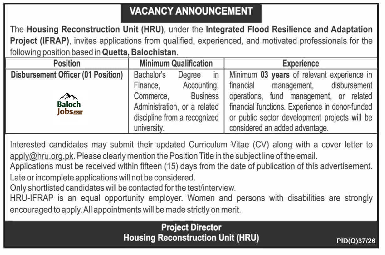 Housing Reconstruction Unit Balochistan Jobs 2026 Official Advertisement 