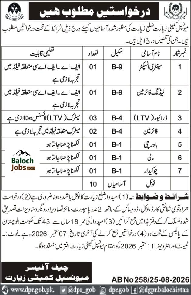 Municipal Committee Ziarat Jobs 2026 Advertisement