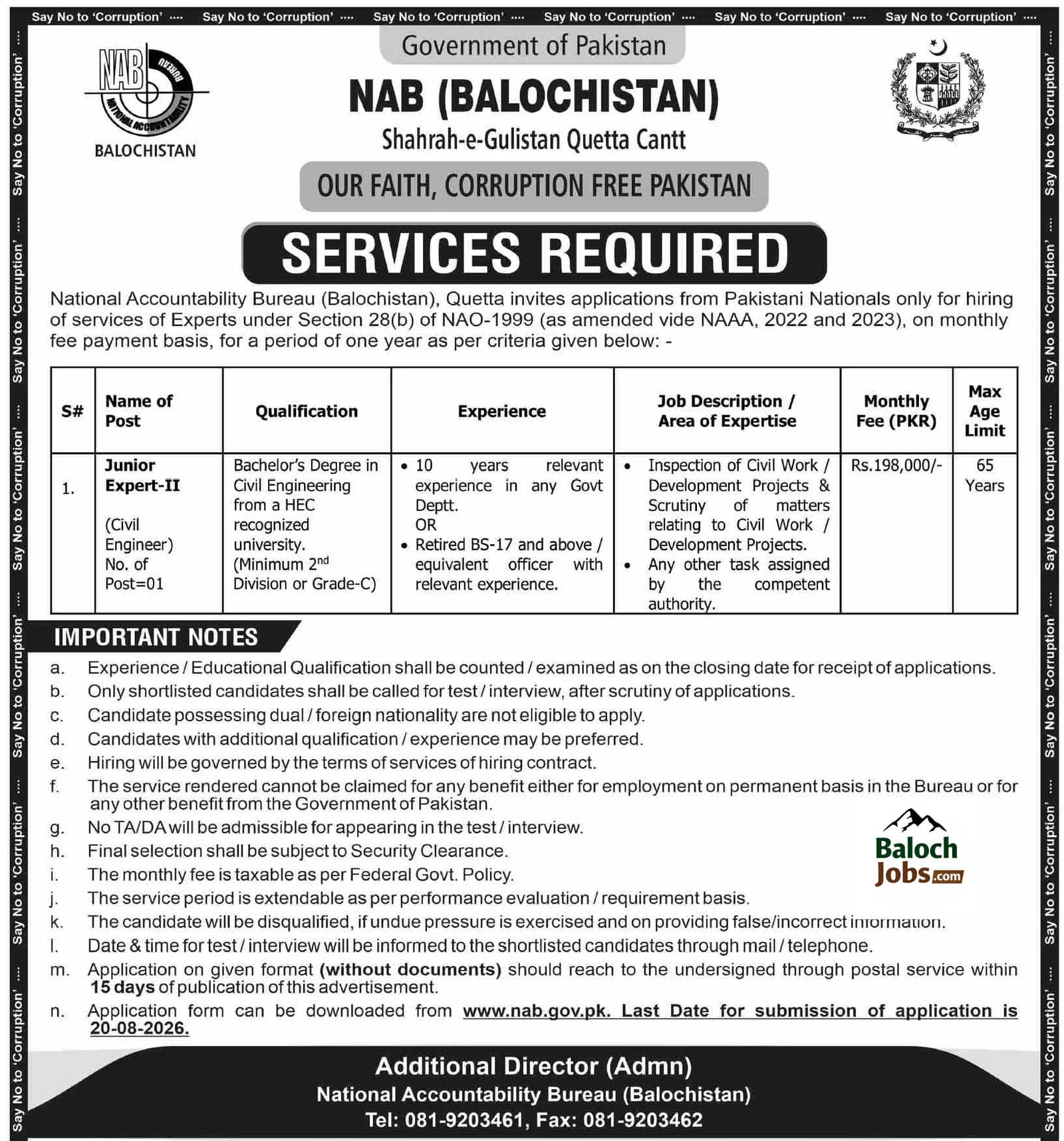 NAB Balochistan Jobs 2026 Official Advertisement