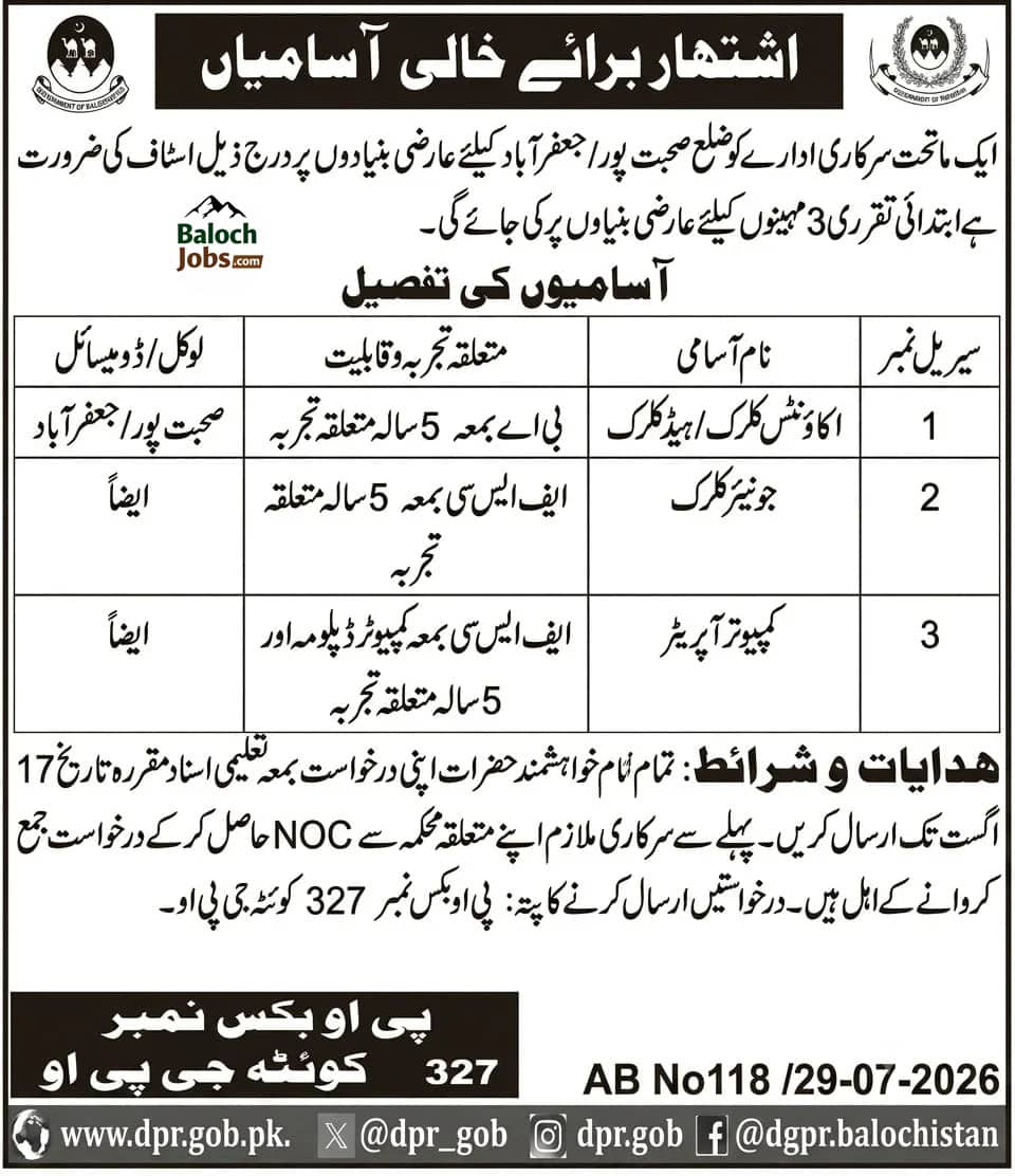 PO Box No 327 GPO Quetta Jobs 2026 Official Advertisement