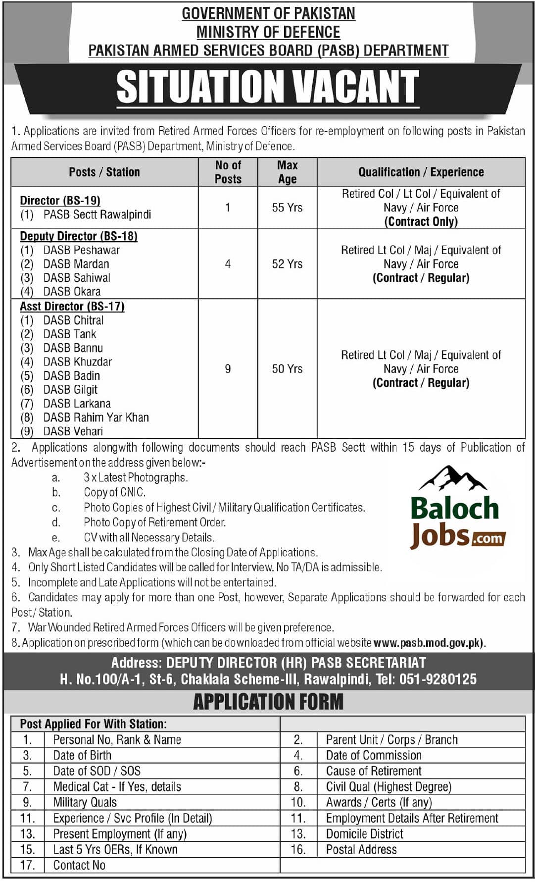 Pakistan Armed Services Board PASB Jobs 2026 Official Advertisement