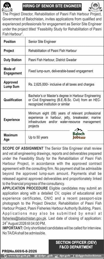 Rehabilitation of Pasni Fish Harbour Project Jobs 2026 Official Advertisement