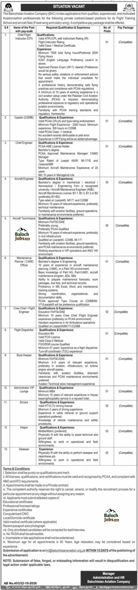 Balochistan Aviation Company Jobs 2026 Advertisement