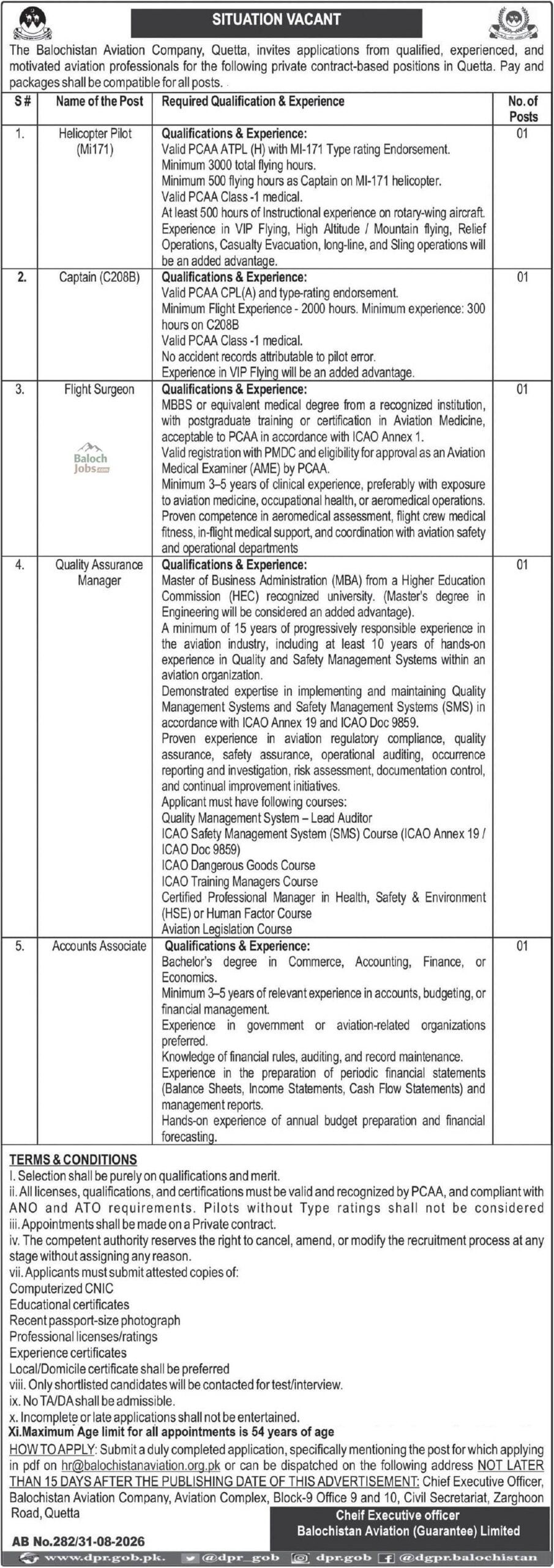 Balochistan Aviation Company Jobs 2026 Advertisement