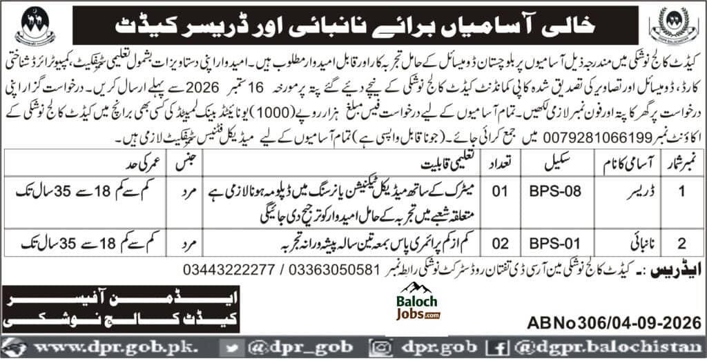 Cadet College Noshki Jobs 2026 Advertisement